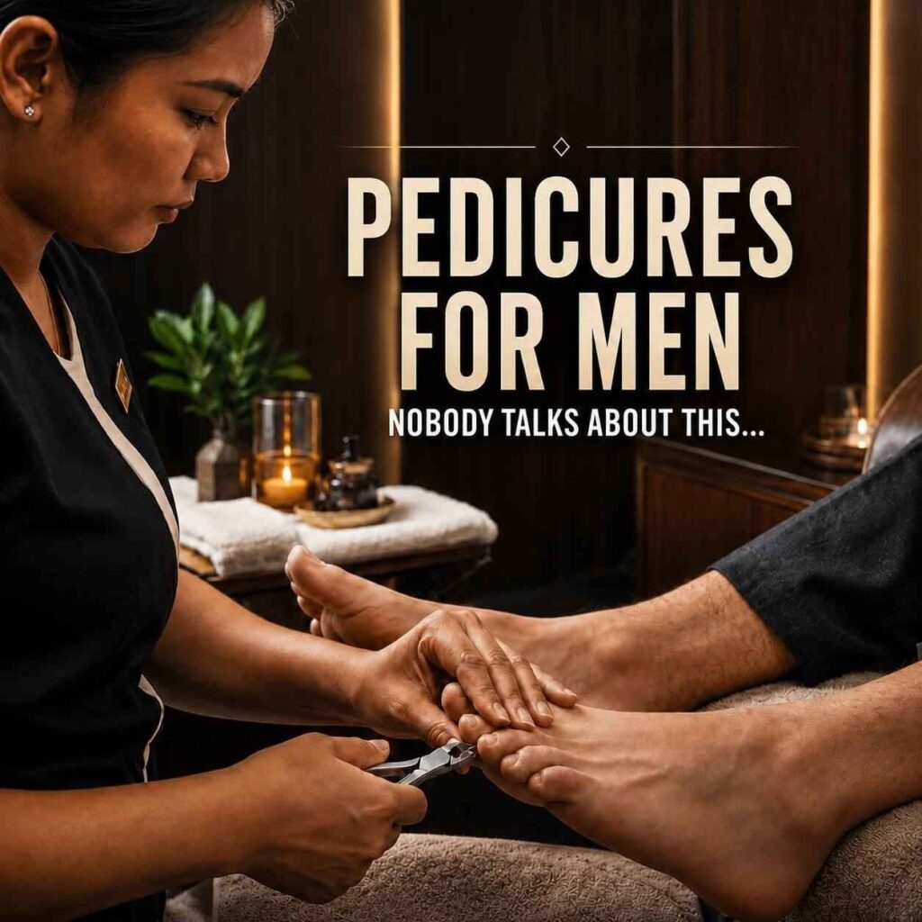 A professional men's pedicure at Vidao Nails & Day Spa in Houston, TX, featuring clean, healthy toenails and well-maintained feet.