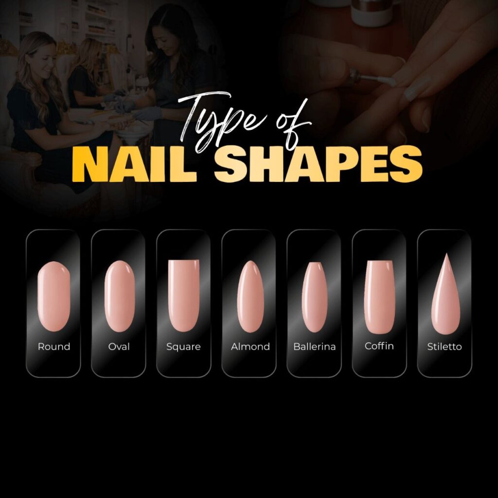 Different nail shapes including round, oval, almond, coffin, and square nails at Vidao Nails & Day Spa in Houston, TX.